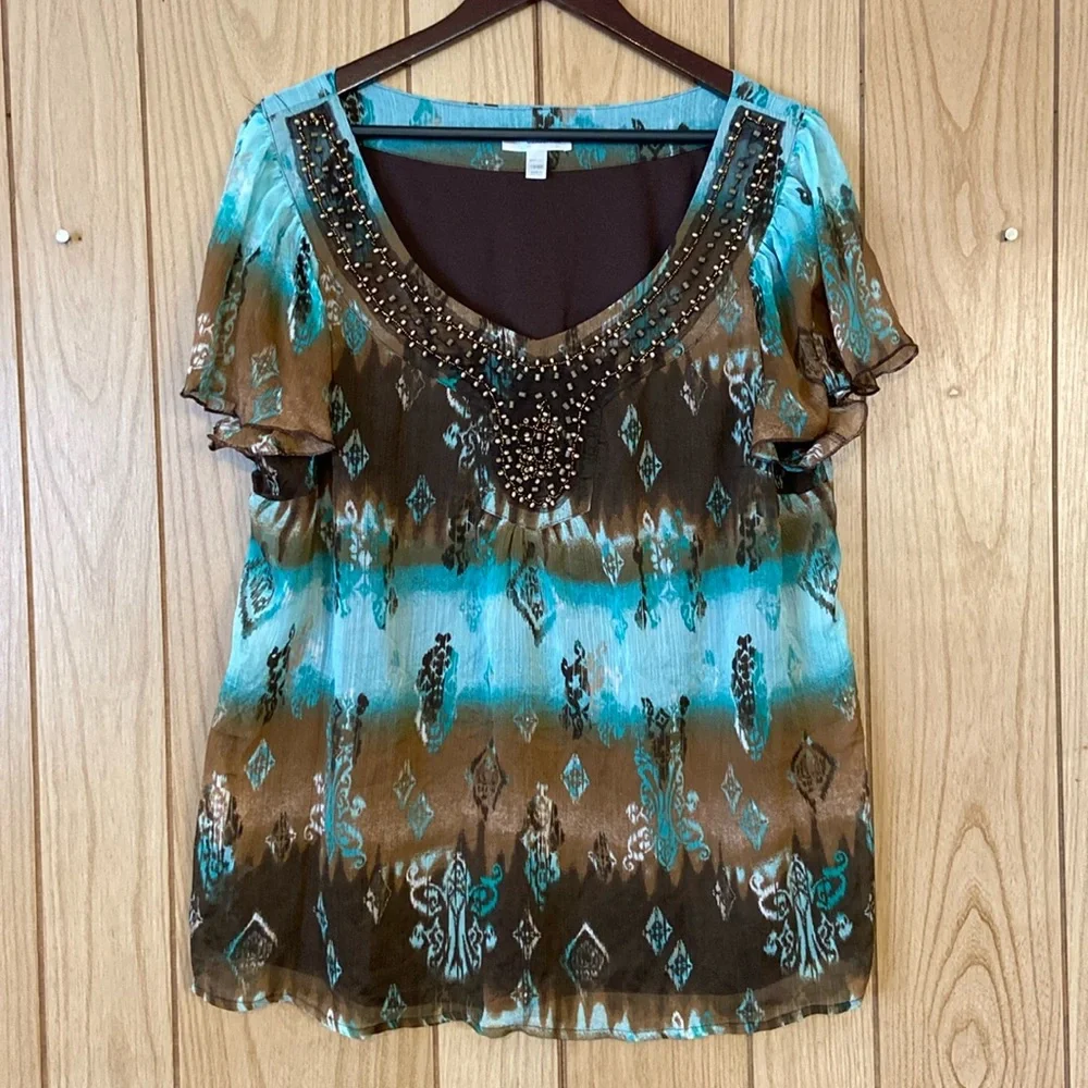 Dressbarn Womens Blouse Brown with Blue pattern - embellished Vneck - Picture 1 of 6